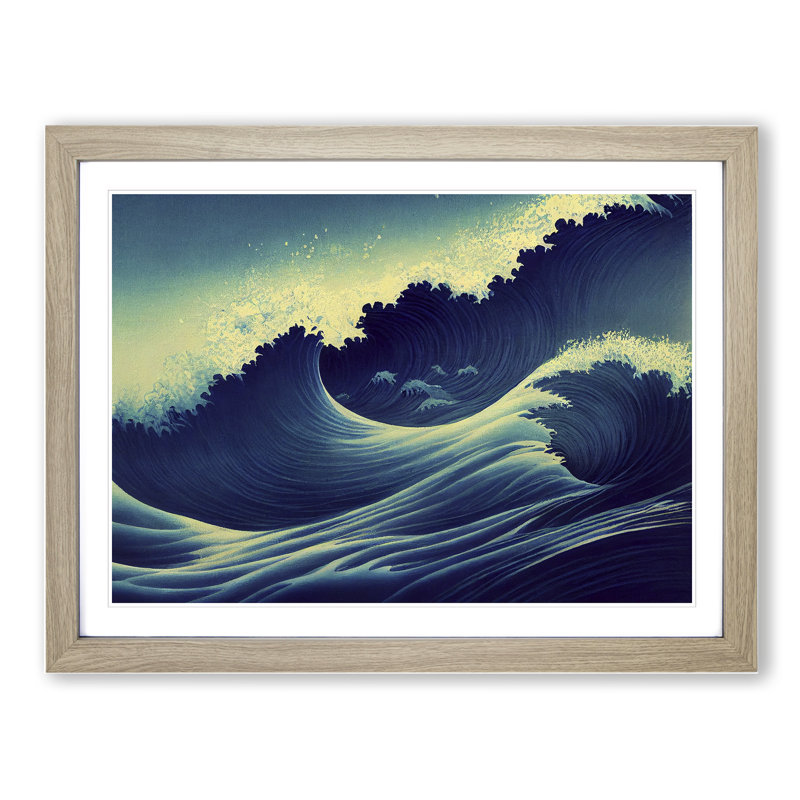 XH1022-4473X Gracious Japanese Wave - Single Picture Frame Print, 46cm H x 64cm W x 2cm D, Oak Framed