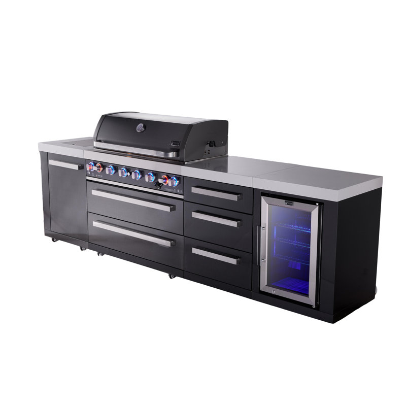 Mont Alpi Mai805-bssfcdr 6-burner 119" Premium Black Stainless Steel Outdoor Kitchen Island Bbq Gas Grill With Infrared Side Burner + Refrigerator + Storage Drawers & Cabinets + Rotisserie Kit + Cover