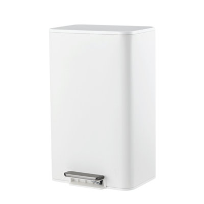 Soft-Close Pedal Stainless Steel Trash Can – Rectangular Garbage Bin with Removable Inner Bucket, Lid, Space-Saving Design for Kitchen, Office, Bathroom, 4.8 Gallon/18L, White