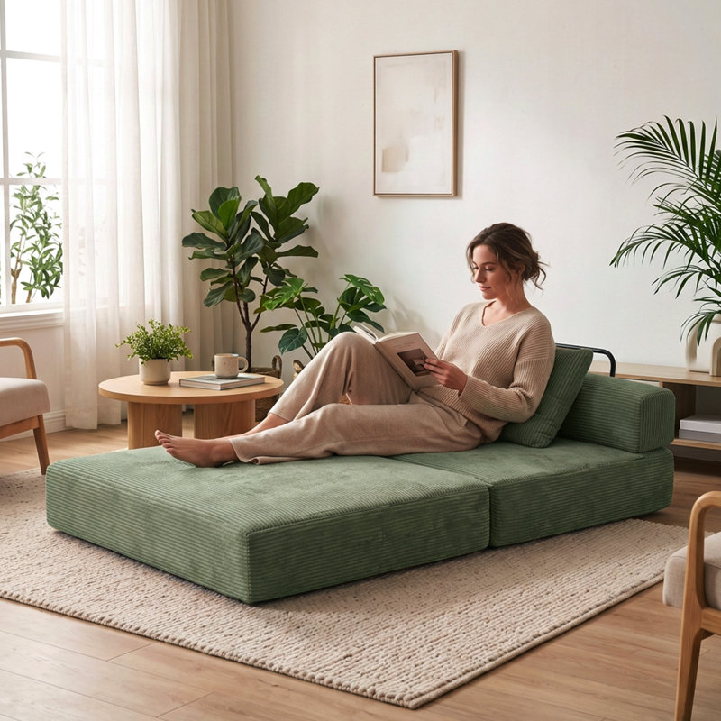 Boneless Convertible Futon Sofa Sleeper, 2-In-1 Modular Floor Couch, No Assembly Required, No-Sag Support For Apartment & Guest Room,Green