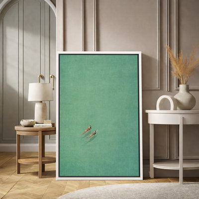 Turquoise Modern Aerial Swimmers Artwork, Minimalist Whimsical  Bathroom Decor, Coastal Beach House Pictures, Framed Canvas Giclee Print Wall Art