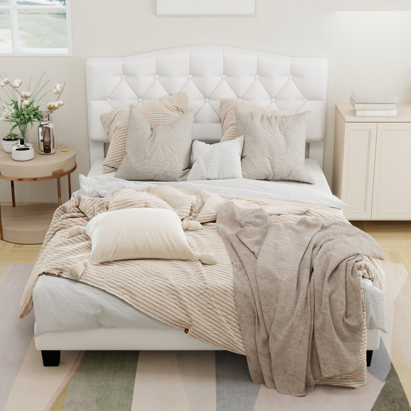 Upholstered Platform Bed with Saddle Curved Adjustable Headboard and Diamond Tufted Details,Wooden Slats and Metal Support, No Box Spring Needed, Beige