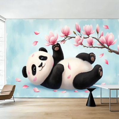 Peler et coller le papier peint Adorable animal bébé Panda jouant des fleurs, peinture de style chinois, panda cub H 100 po x l 144 po, papier peint amovible, adhésif mural pour chambre à coucher, bureau à domicile