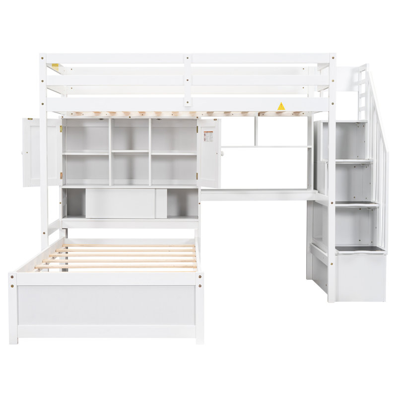Lit simple mezzanine blanc avec escalier, rangement et bureau avec rangement, escalier au fini, Blanc