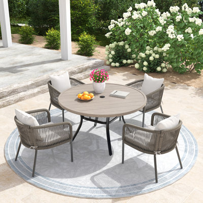 4 Person Round Outdoor Patio Dining Set With Cushioned PE Rattan Chairs