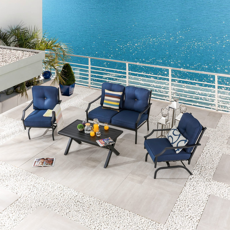 Kattya 4 - Person Patio Conversation Set with Cushions, Blue
