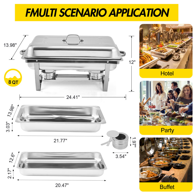 Ensemble de 2 réchauds à vaisselle 24 po argentés pour service de buffet en acier inoxydable 8 pte