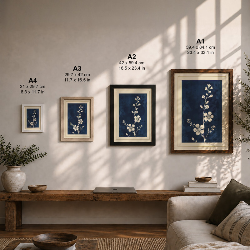 White Blossoms on Navy Japandi - Framed Print, A3 - 42.0 x 29.7 cm, Unframed