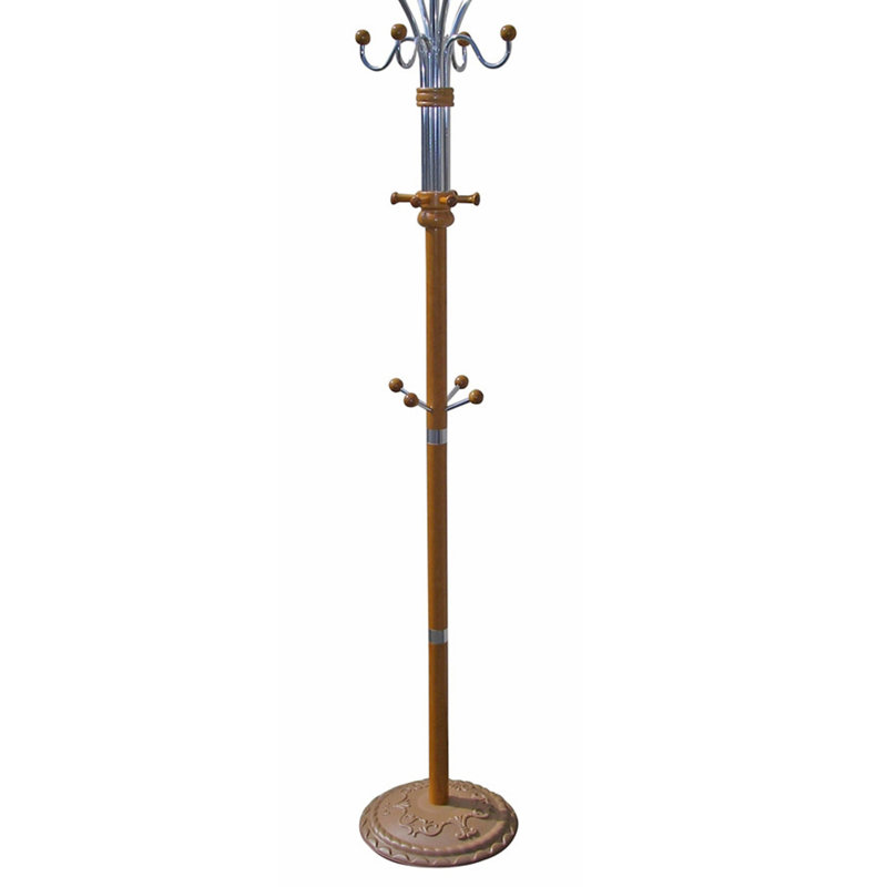 73" Tall Chrome And Wood Coat Rack, Oak Finish, Oak