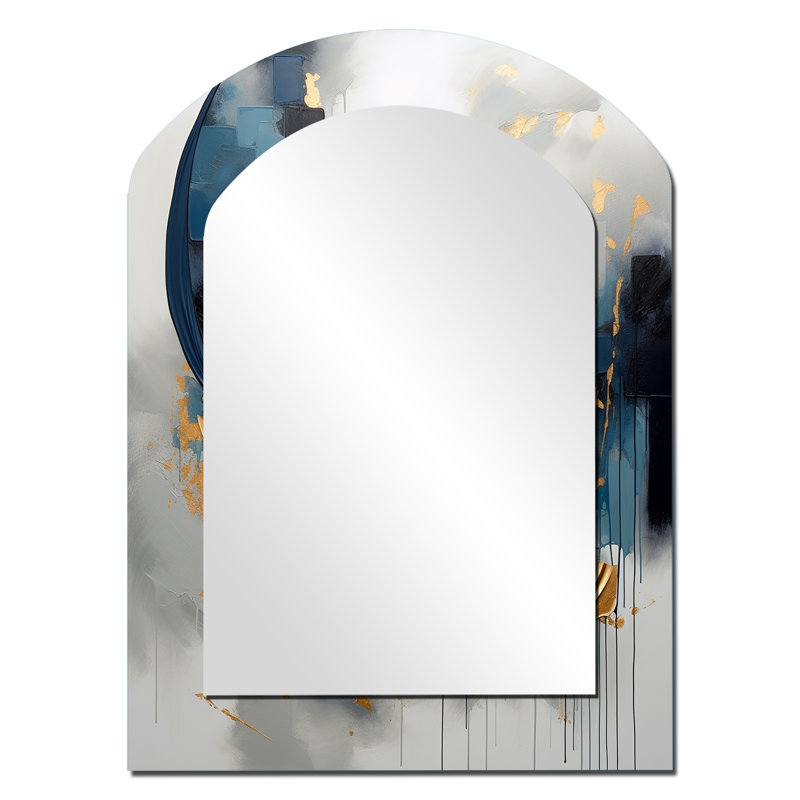 Or bleu abstrait tourbillons de sérénité V - miroir mural unique arche fractale, miroir asymétrique moderne, impression d'art en métal