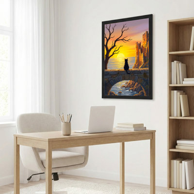 «Black Cat On Stone Bridge Sunset Landscape», ensemble de 1 reproduction d'art sur toile tendue