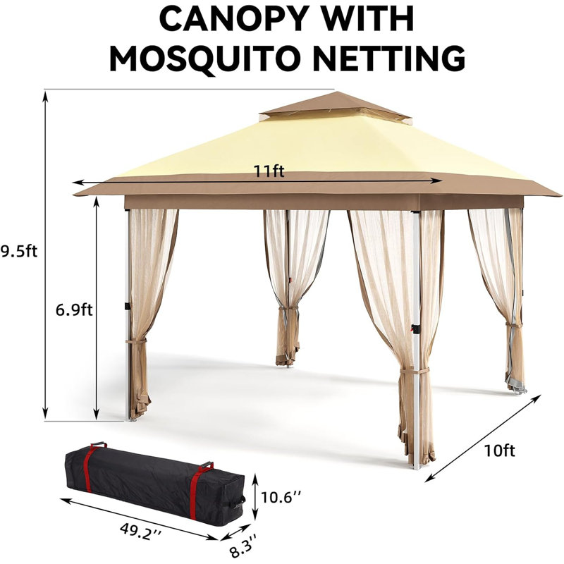 11'X11' Outdoor Pop-Up Gazebo Canopy Tent With Curtains, Mosquito Netting, 2-Tiered Vented Top, 121 Sq. Ft. Shelter For Patio & Backyard Parties