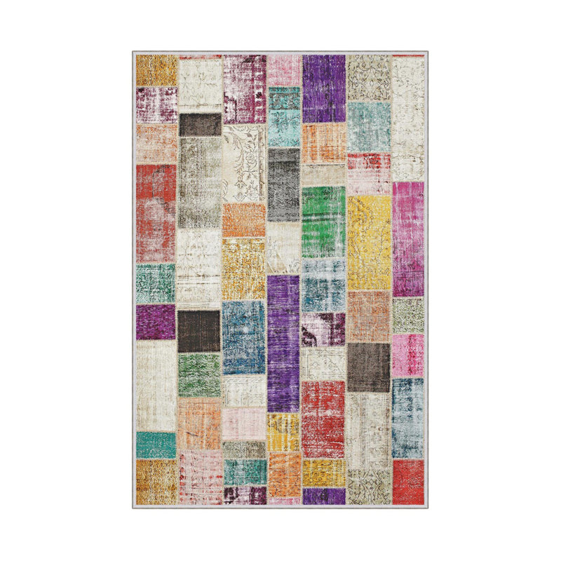 Riebe Patchwork Machine Made Flatweave Polyester Area Rug in Gray/Green/Purple, Rectangle 5'3" x 7'7"
