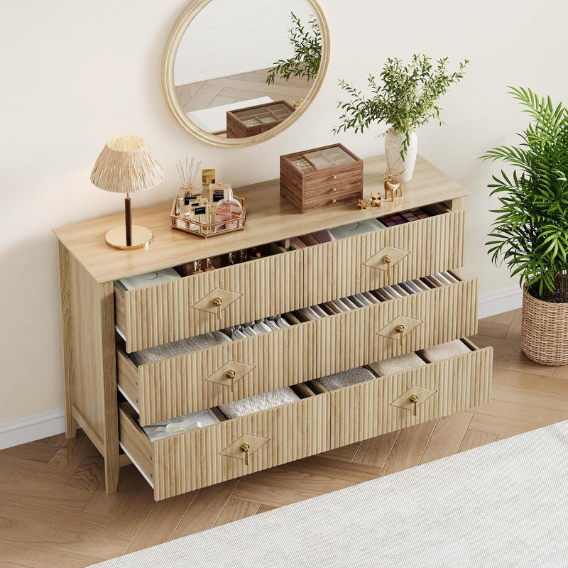 Commode pour chambre à coucher avec 6 tiroirs, commode extra large 54 "avec poignée en métal, Jaune