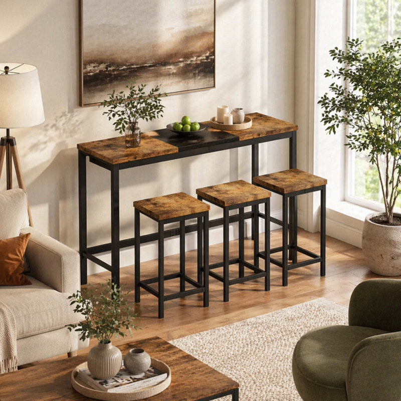 Table de salle à manger de cuisine moderne, table de pub, ensemble de table de salle à manger longue avec 3 tabourets, conception de tabouret suspendu pratique, naturel et noir