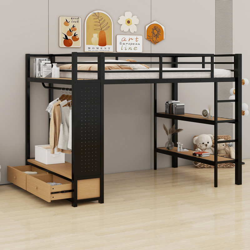 Lit mezzanine avec garde-robe, tablettes de rangement et panneau perforé, Double