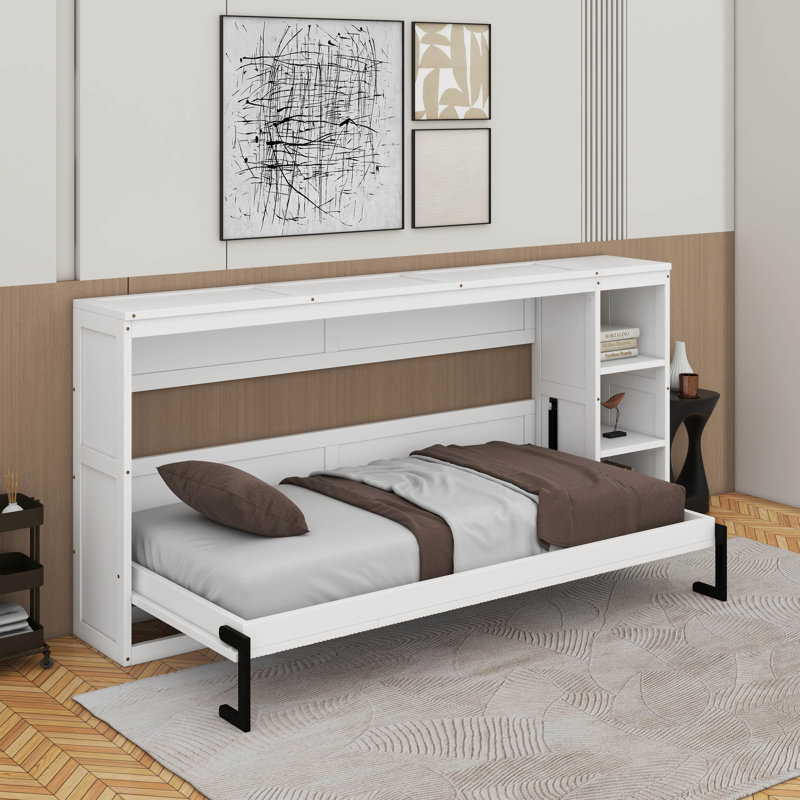 Lit escamotable simple avec bibliothèque, Lit simple, Blanc