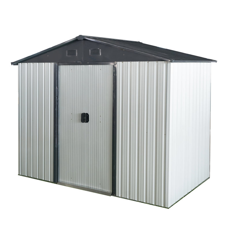 Outdoor Metal Storage Shed 8ft X 4ft - White & Black. Galvanized Iron Frame. Spacious For Equipment. Sloped Roof Lockable Door. Ventilated Interior. Includes Foundation, Anchors, Hooks, Shelf, Lock