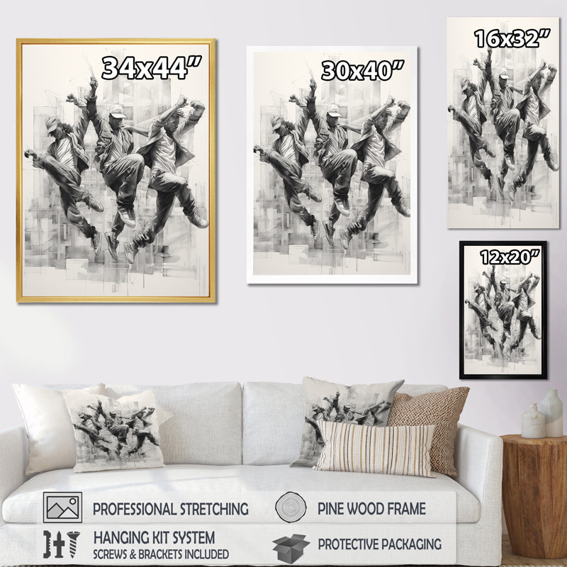 «Hip Hop Dance II» noir et blanc sur toile, H 32 po x l 24 po x P 1 po, Cadre flottant noir