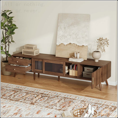Minimalist Glass-Door TV Stand for TVs up to 85 Inches with Waveform Doors
