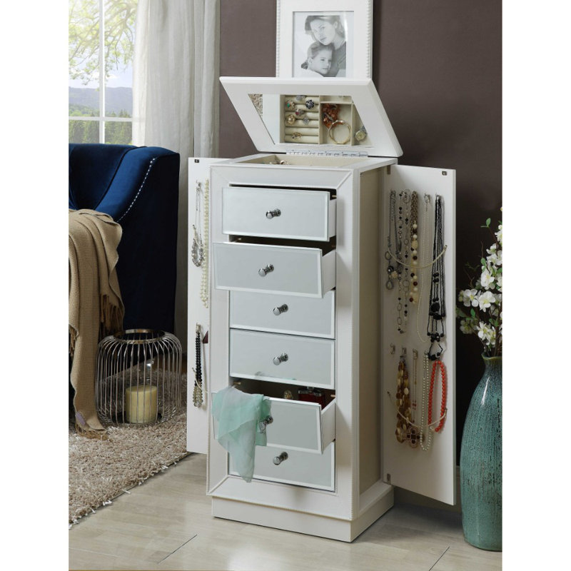 Armoire à bijoux à 6 tiroirs de style glam avec miroir et portes latérales Tanique, Blanc