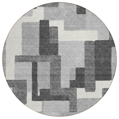 8' Charcoal Round Abstract Washable Indoor Outdoor Area Rug