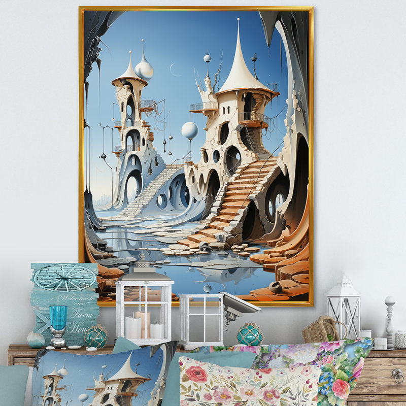 Château fantastique III sur toile, H 32 po x l 16 po x P 1 po, Cadre flottant doré