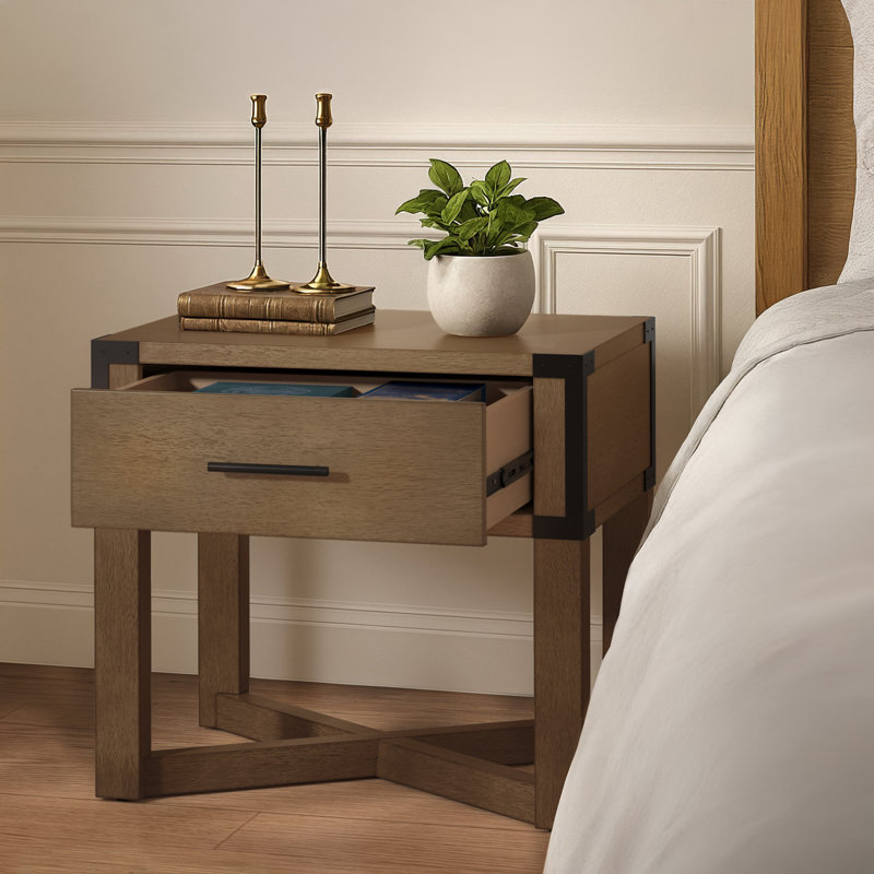 Arcadia Wood Finish X-Base End Table With Drawer Storage, Oak Wood