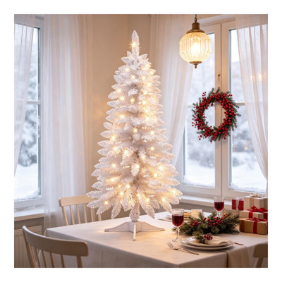 Arbre de Noël blanc illuminé 4 pi, pin artificiel éclairé, pin avec lumières blanc chaud, 8 modes d'éclairage, alimenté par pile et minuterie pour les fêtes de Noël