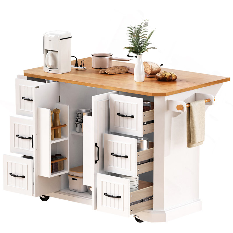 56 Inch Kitchen Island With Rubber Wood Veneer Drop Leaf, Power Outlet, 4 Door Shelves, Embossed Vertical Stripe Rolling Kitchen Cart On 4 Wheels With 6 Deep Drawers For Kitchen, Dining Room