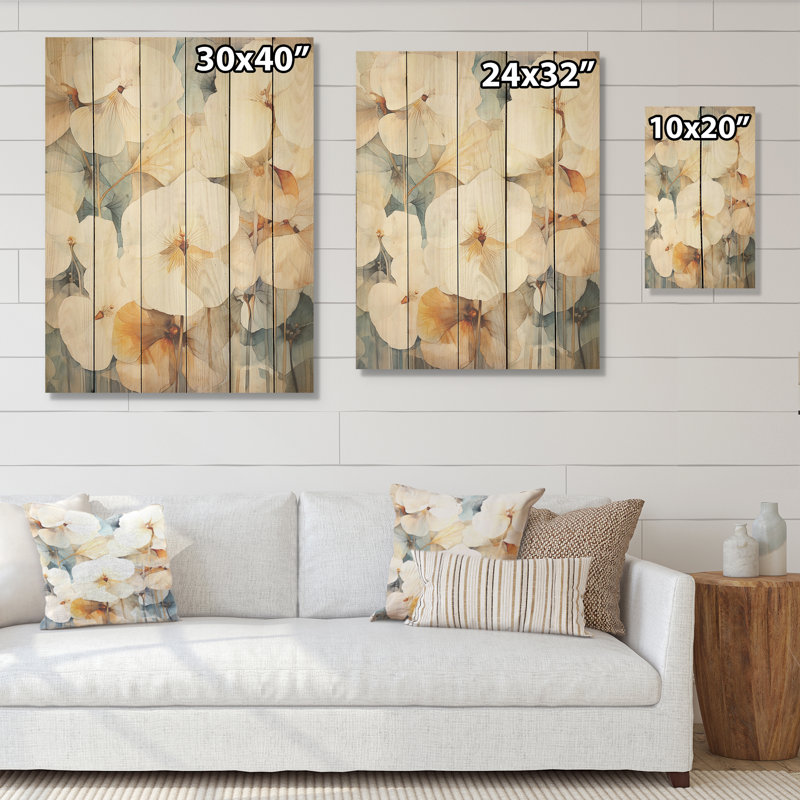 Beige et bleu orné de violettes - Violettes, panneau mural en bois sur bois de pin naturel, H 40 po x l 30 po