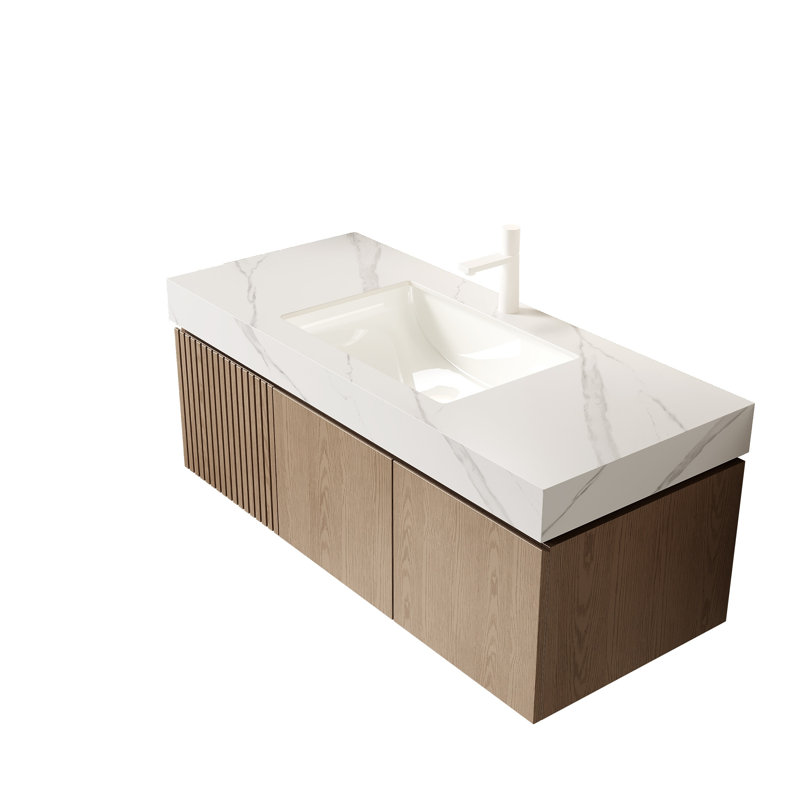 Plateau de meuble-lavabo en pierre frittée blanche 48 po avec lavabo encastré en céramique Carrara - résistant aux rayures et à l'eau