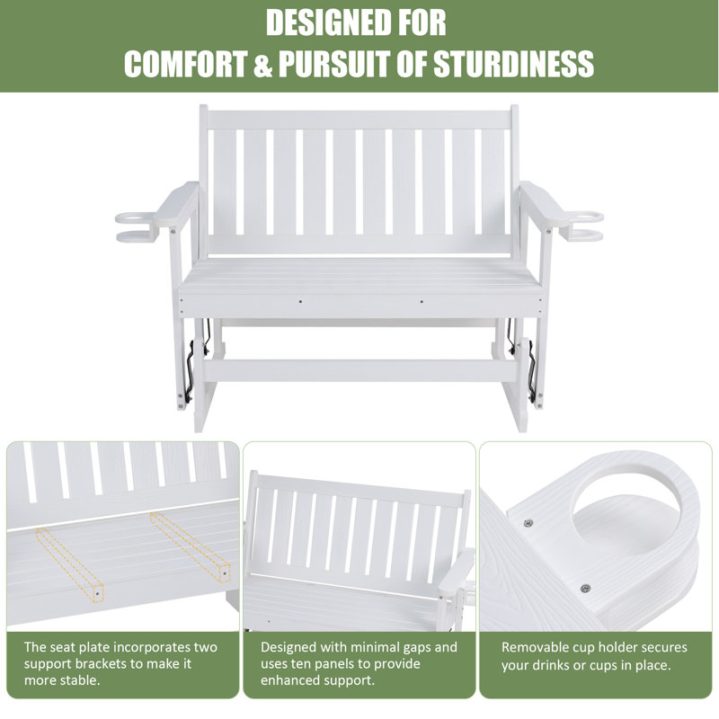 Fauteuil oscillant d'extérieur, résistant aux intempéries pour 2 personnes, banc de patio berçant avec capacité de 700 lb pour le porche de jardin arrière, blanc