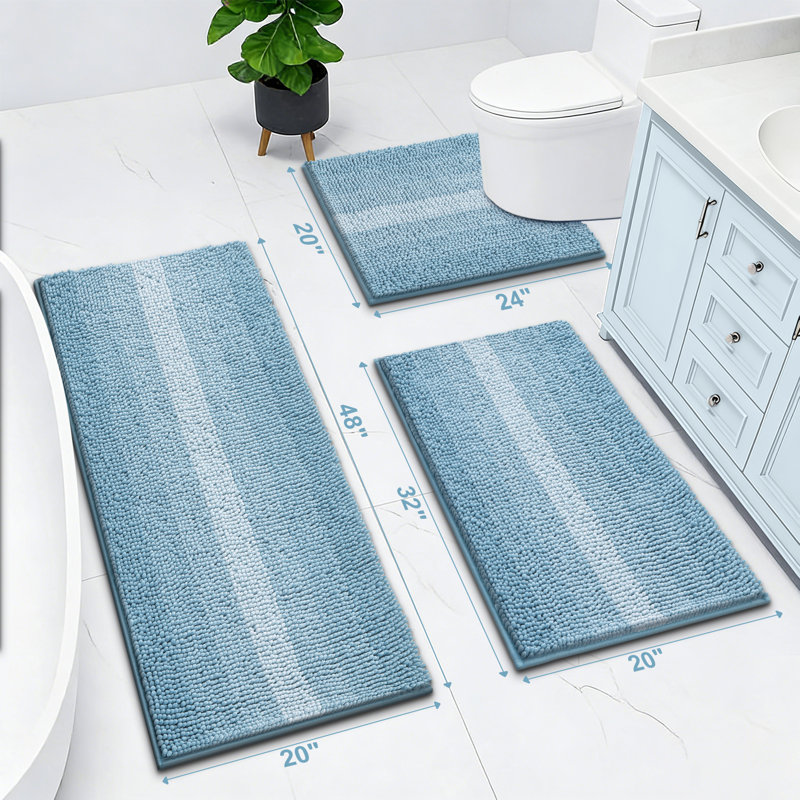 Tapis de bain en chenille à rayures dégradées (ensemble de 3), Bleu