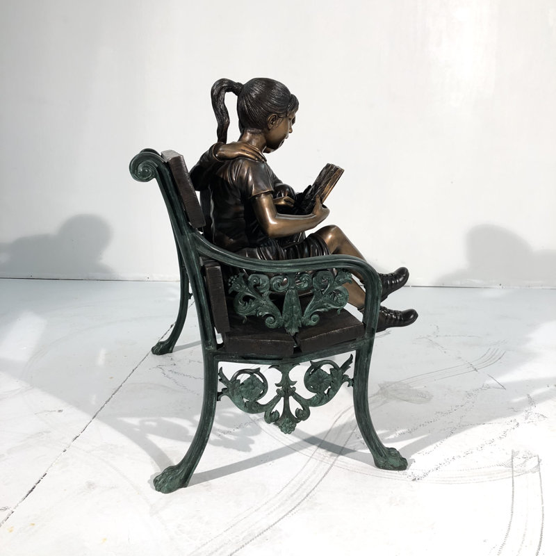 Bronze Boy and Girl Reading Book on Bench Sculpture