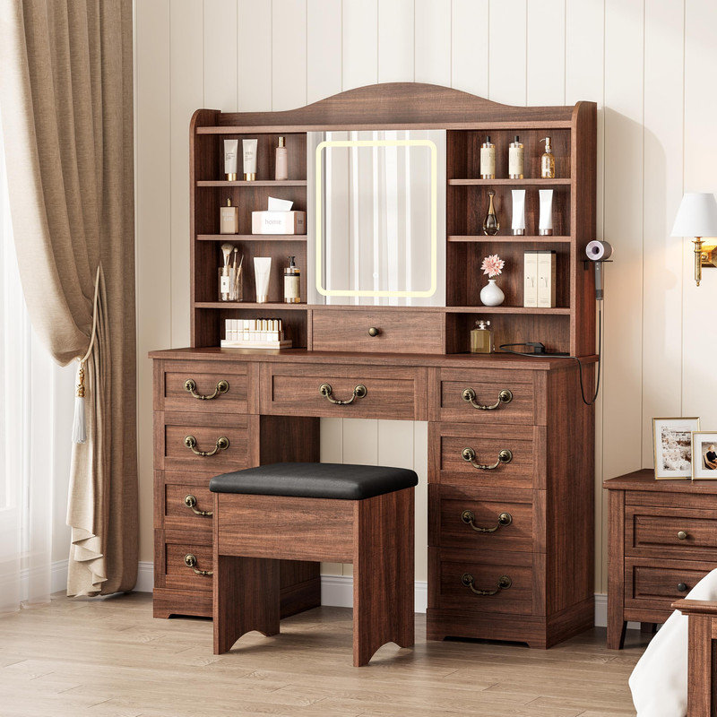 Farmhouse Vanity Desk Set, Makeup Vanity Table with Lights and Mirror, Vintage Make Up Dressing Table for Bedrooms, Brown