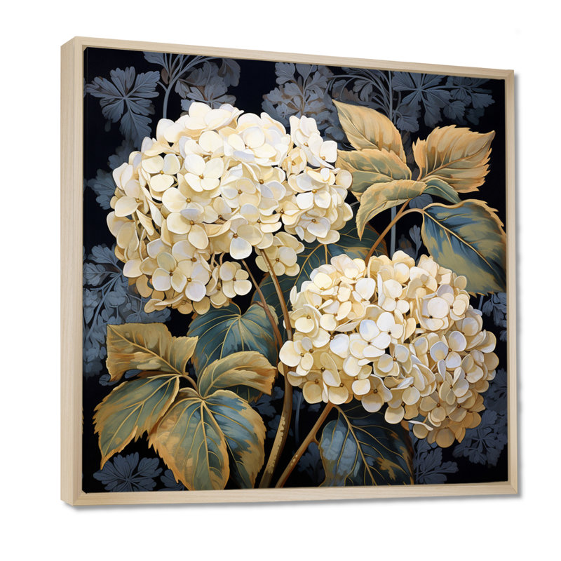Illustration rétro de fleur d'hortensia blanc - art mural hortensia, H 16 po x l 16 po, Cadre flottant crème, bois massif