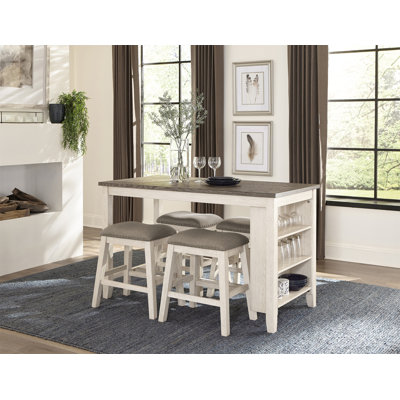 Antique White Finish 5Pc Counter Height Set Multifunctional Counter Height Table With 4 Stools Brown Fabric Upholstered Nailhead Trim Dining Room Furn -  August GroveÂ®, AC9BBC2FFCF74777A8F7E00EB2A8CDCA