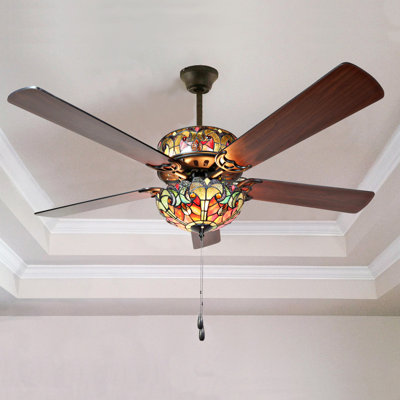 52"W Ummuhan 5 - Blade Hand-Soldered Stained Glass Ceiling Fan with Pull Chain