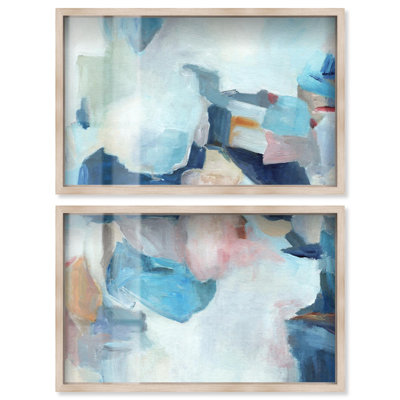 Écho en bleu - Ira Comleva, reproduction abstraite grand format en deux parties sous verre, par Art Remedy, cadre blond, 48 x 30