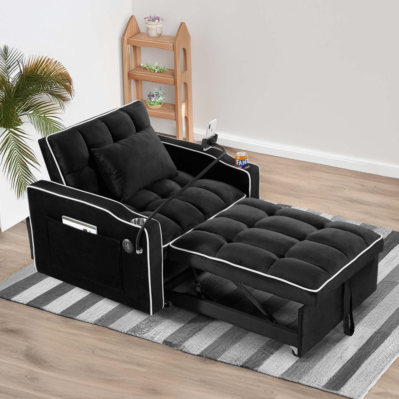 Convertible Pull Out Sleeper Chair, Black Velvet