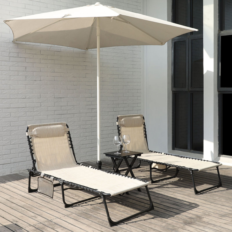 Mayra 74" Long Reclining Single Chaise Lounge with Pillow and Bag, Portable Beach Lounger, Cream