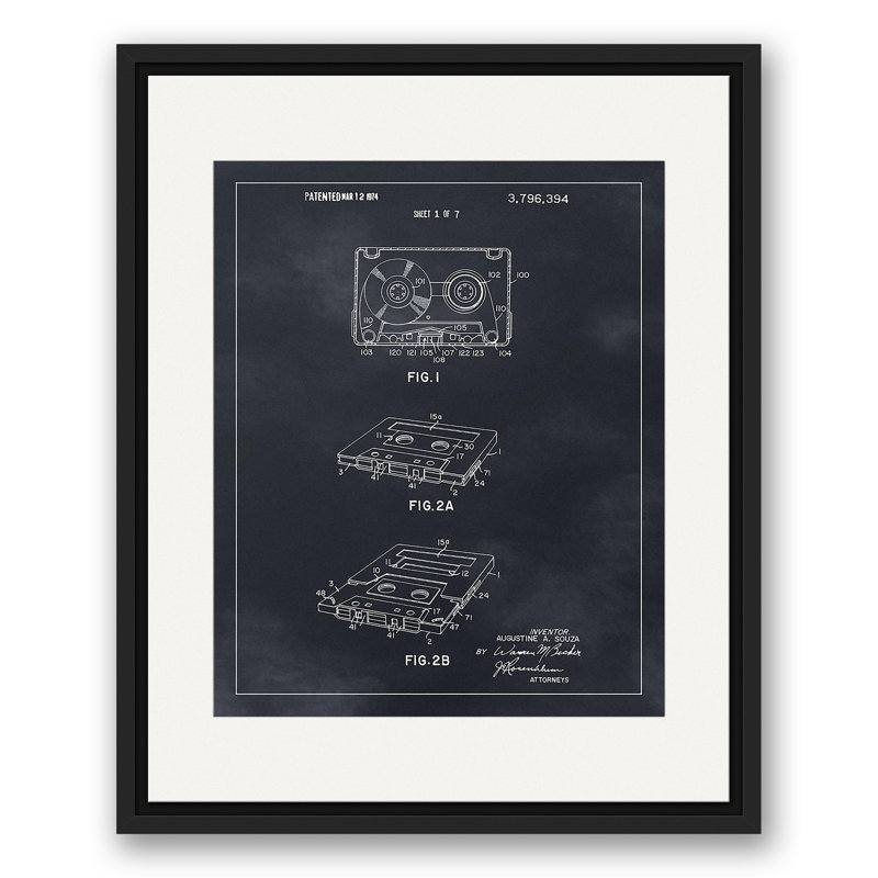 «Cassette Tape», brevet sur toile, H 21,75 po x l 17,75 po x P 1,75 po, Cadre flottant noir