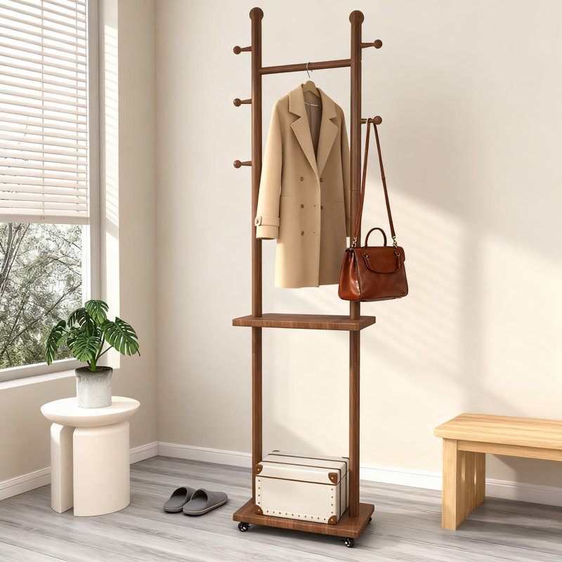 Portemanteaux robuste en bois massif avec roulettes, 2 tablettes de rangement et 5 crochets | Support à vêtements rotatif autoportant pour chambre à coucher, entrée, coin de salon