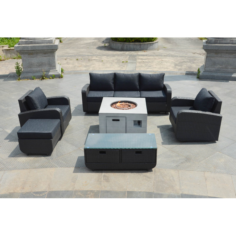 Ensemble de conversation en osier / rotin pour 6 personnes avec coussins Facundo, Noir, Noir