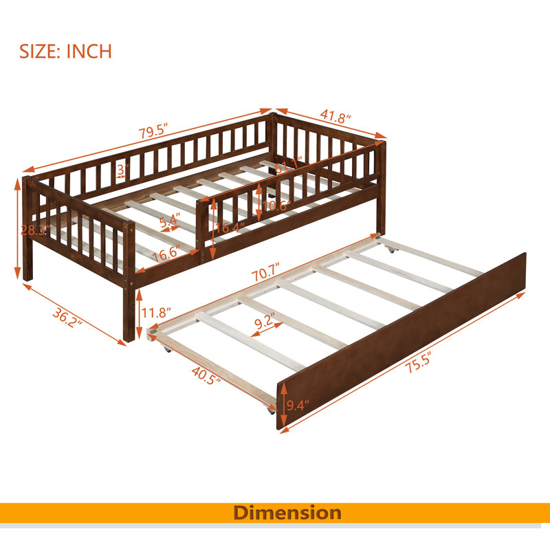 Lit de jour simple en bois avec couchette et garde-corps, Noyer
