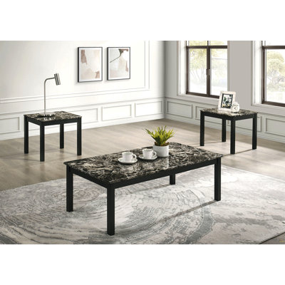 3Pc Table Set 1X Coffee Table 2X End Table Faux Marble Top Wooden Legs