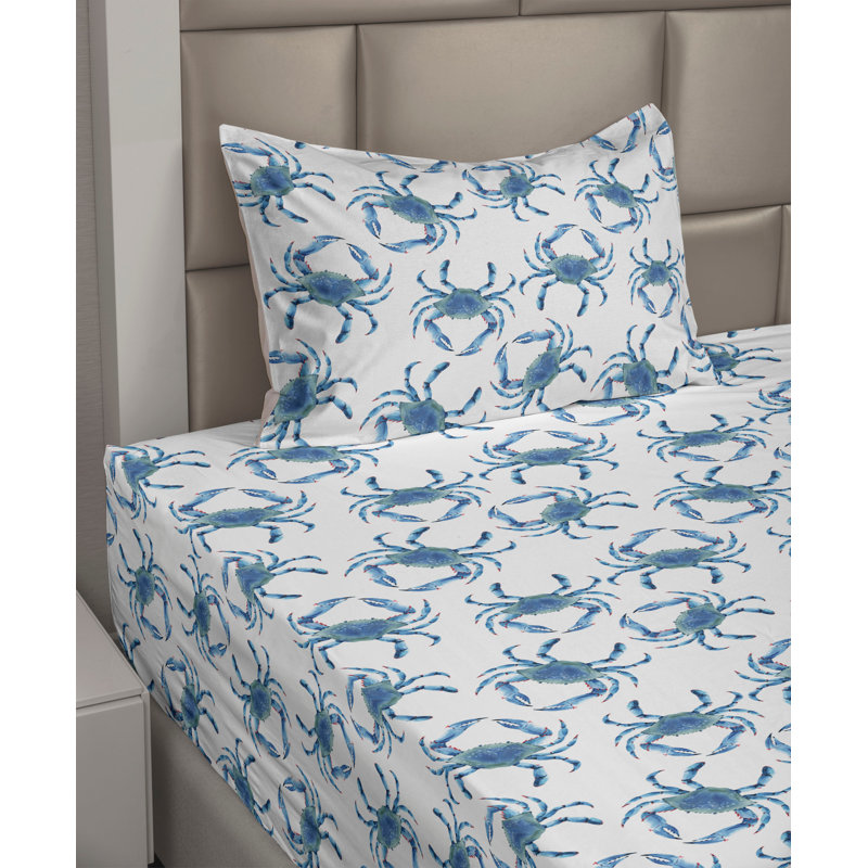 Ambesonne Coastal Sheet Set Crab Illustration Seashore Soft Blue Sea Blue White, Twin Sheet Set with 1 Pillowcase