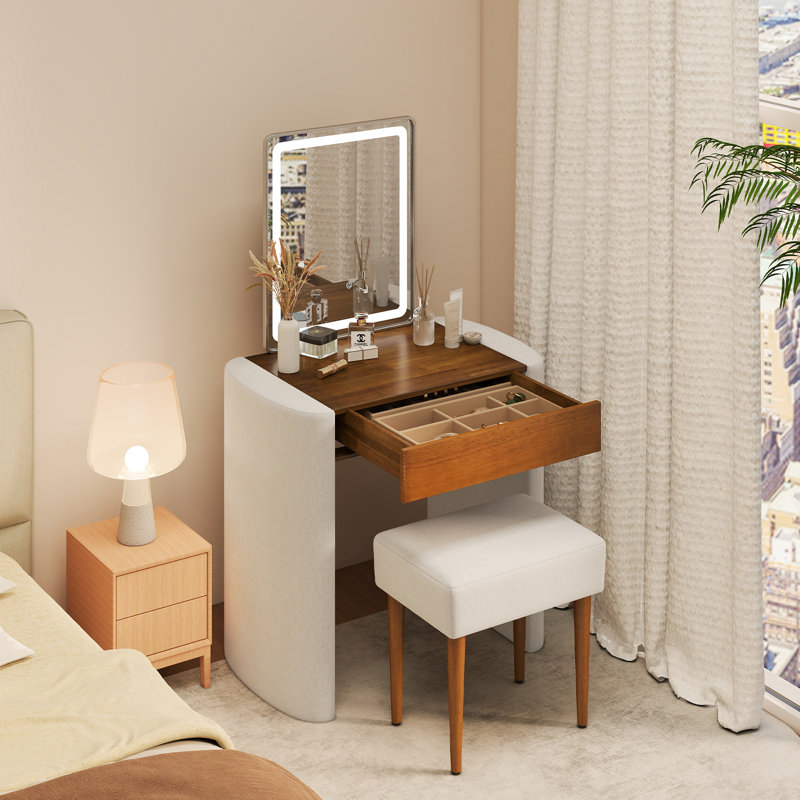 Vanity Table Set 3 Modes Adjustable Brightness Mirror Makeup Vanity with Drawer for Living Room, Brown/White