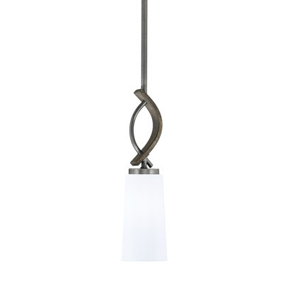Monterey Stem Hung Mini Pendant Shown In Graphite & Painted Distressed Wood-look Metal Finish With 5" W x 9.75" H White Opal Glass